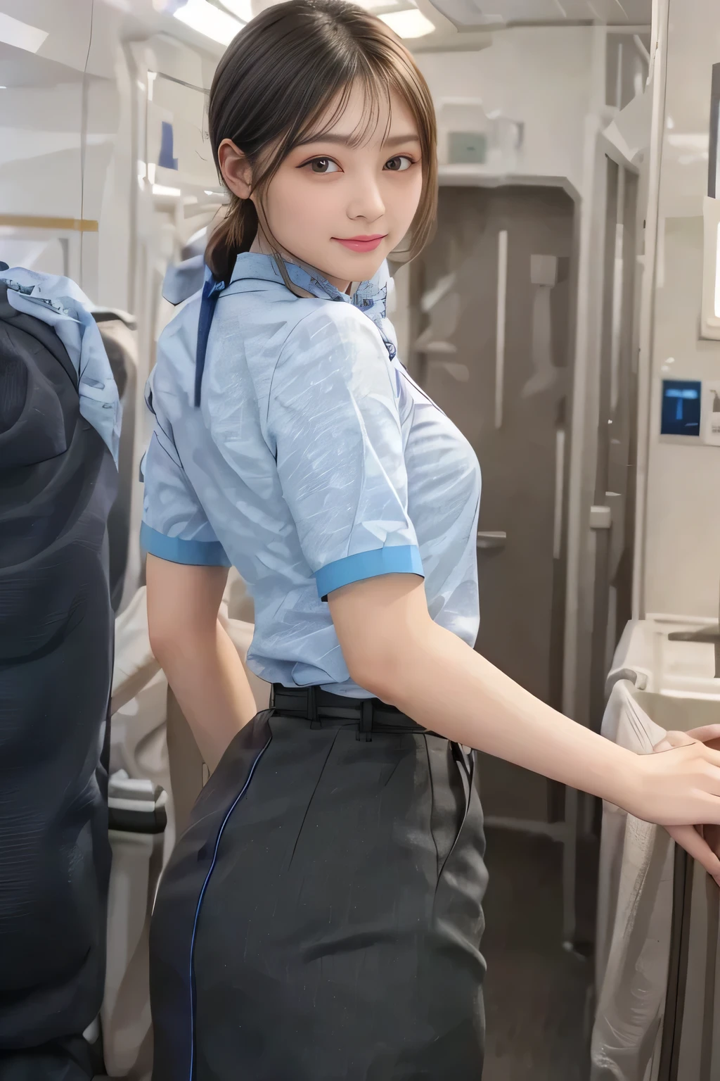 (masterpiece:1.2, Best Quality:1.2), 32kHDR,  high definition, (Alone、 1 girl)、（Rooftop of a building during the day、 professional lighting to highlight small bust）、With the roof of the building in the background 、（ANA flight attendant uniform blueを着たリアルスタイル）、（（ANA flight attendant uniform blue blue short sleeve blouse  、 ANA FLIGHT ATTACENT UNIFORM BLUE SKIRT WITH A BLUE LINE IN THE BACK、 scarf around the neck ））、 Dark brown hair 、（Long Hair、Hair tied up、Hair tied up）、 Dark brown hair 、Long Hit、Big Breasts、Thin legs、（（Great hands：2.0）），（（ Harmonious Body Proportions ：1.5）），（（Normal limbs：2.0）），（（Usually refers to：2.0）），（（ Delicate Eyes：2.0）），（（Normal eyes：2.0））)、smile、（ANA flight attendant uniform blueを見せた美しい後ろ姿）、Hands clasped underneath