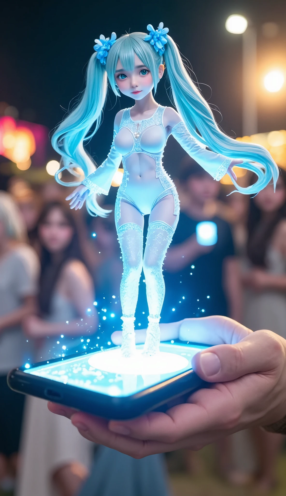 スマートフォンから浮かび上がる virtual idol、 perfect anatomy 、(((crystal clear hologram 、 Hatsune Miku)))、  virtual idol、 Japanese idol 、 cute idol costume  、 small face、 Cute expression 、 crystal clear idol  、 空中に浮かぶ crystal clear idol  、  crystal clear idol 、Lightアップ 、Light、giant festival  、Outdoor Live