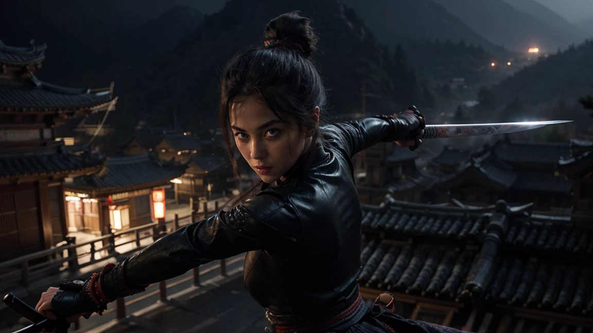 a highly muscular female Samurai with 1 katana, the upper coltes are made of net. transparent thorso, detailed abs and muscles, dark outfit, serious expression, double hairbuns, glowing katana blade, dynamic action pose, on a chinese ancient roof, in a misty olde chines village at night dark moody lighting, cinematic angle, hyperrealistic, digital art, illustration