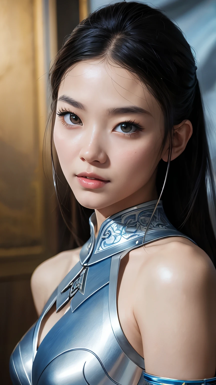 a close up of a woman in a silver and blue dress, chengwei pan on artstation, by Yang J, detailed fantasy art, stunning character art, fanart best artstation, epic exquisite character art, beautiful armor, extremely detailed artgerm, detailed digital anime art, artgerm on artstation pixiv, armor girl