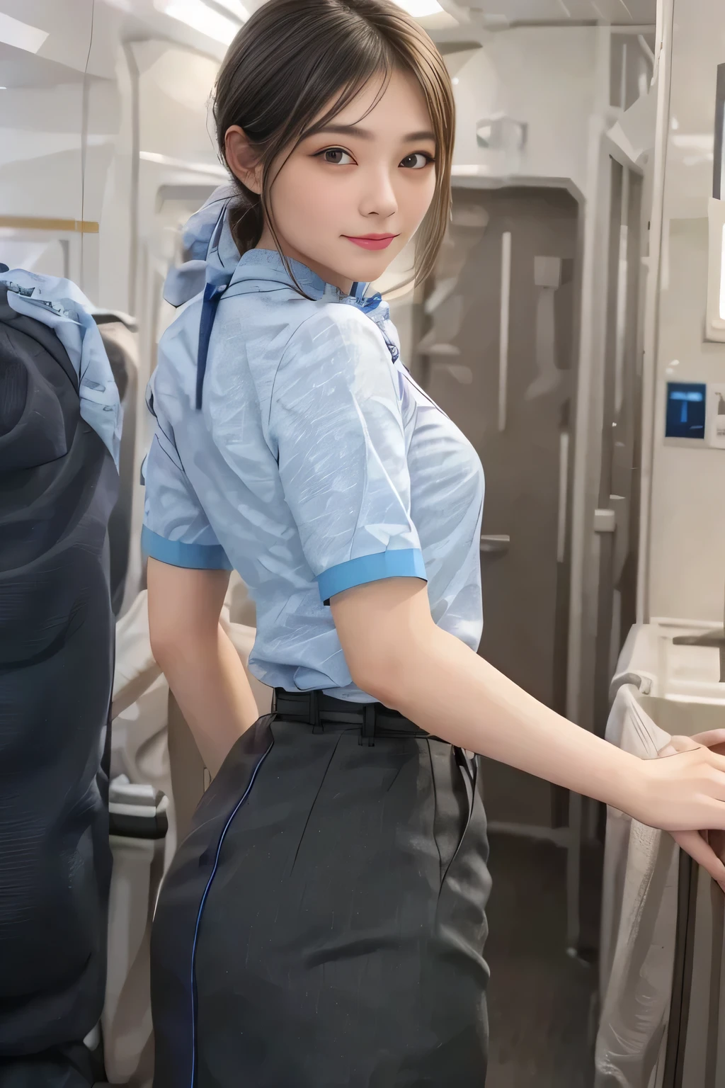 (masterpiece:1.2, Best Quality:1.2), 32kHDR,  high definition, (Alone、 1 girl)、（Rooftop of a building during the day、 professional lighting to highlight small bust）、With the roof of the building in the background 、（ANA flight attendant uniform blueを着たリアルスタイル）、（（ANA flight attendant uniform blue blue short sleeve blouse  、 ANA FLIGHT ATTACENT UNIFORM BLUE SKIRT WITH A BLUE LINE IN THE BACK、 scarf around the neck ））、 Dark brown hair 、（Long Hair、Hair tied up、Hair tied up）、 Dark brown hair 、Long Hit、Big Breasts、Thin legs、（（Great hands：2.0）），（（ Harmonious Body Proportions ：1.5）），（（Normal limbs：2.0）），（（Usually refers to：2.0）），（（ Delicate Eyes：2.0）），（（Normal eyes：2.0））)、smile、（ANA flight attendant uniform blueを見せた美しい後ろ姿）、Hands clasped underneath