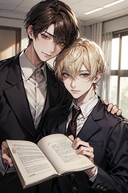 (masterpiece)、( Best Quality )、  very detailed 、(( two young guys  :1.5))、((Condescending Gaze:1.4))、  perfect face、Beautiful Face、  very detailed な顔、 Brown Hair 、blonde、  school uniform、In uniform、  classroom、School、 high school students