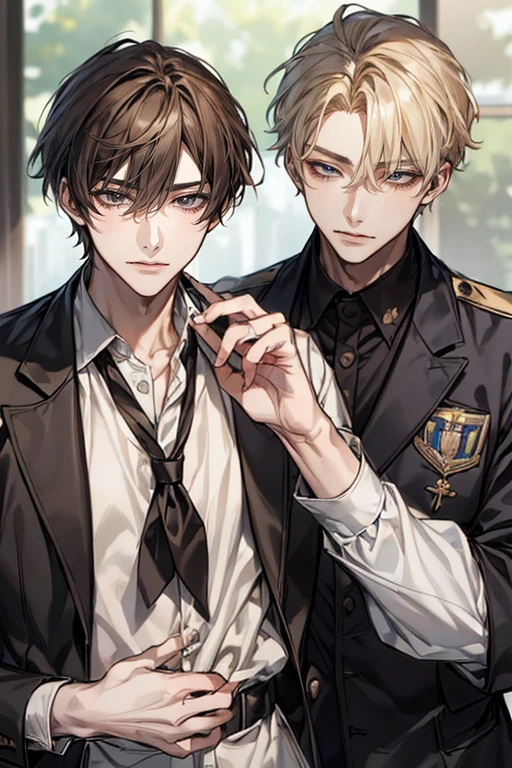 (masterpiece)、( Best Quality )、  very detailed 、(( two young guys  :1.5))、((Condescending Gaze:1.4))、  perfect face、Beautiful Face、  very detailed な顔、 Brown Hair 、blonde、  school uniform、In uniform、  classroom、School、 high school students