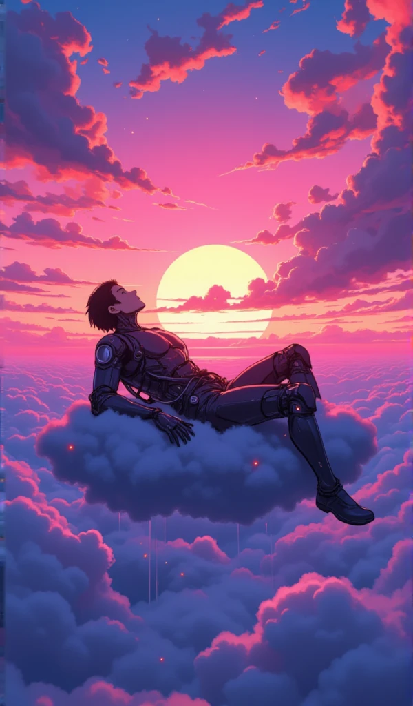 a man. 
Dressed in a futuristic outfit ,  robotics, exposed wires .
mirror effect .
 He is lying on a cloud in the sky.
 In the background a sparkling sunset , obfuscating, expressive, bioluminescentes, degrade. 
Cinematic effect.
neon effect, bioluminescent drops ,  bioluminescent spots .
 full body .
32k anime style, HDR, UHD, intricate detail, extremely intricate detail, hyperrealistic, extremely realistic, high quality, vivid color, extremely detailed.