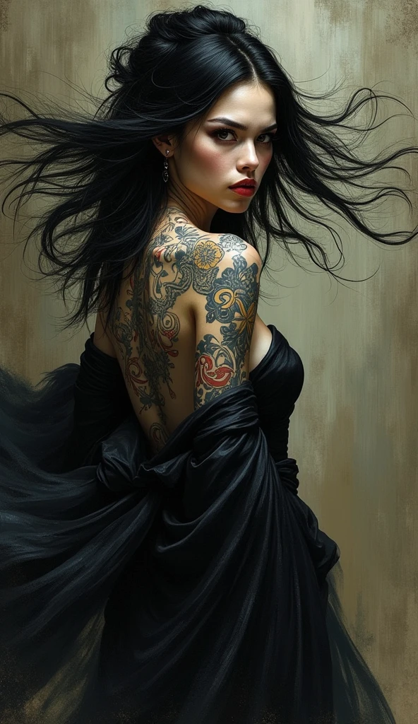 dark Fantasy ilustración; Sensual japanese  Geisha , pelo largo al viento, telas al viento, kimono al viento, with yakuza tattoos , dark lights shadows, fantasy by style El Greco 