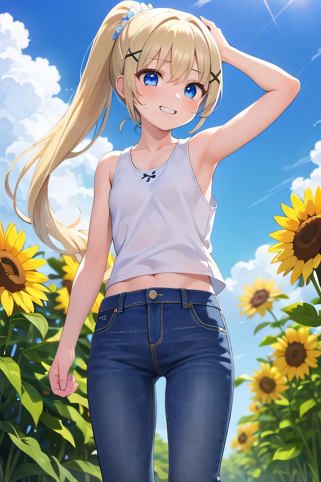 masterpiece,best quality,ultra detail,1girl, 14yo,petite,smile happy,flower garden,sunshine,cloud,ponytail hair, blue eyes, blonde hair, hair ornament, x hair ornament,Raise your arms and behind your head,White teeth, white tank tops,jeans, Wearing sweat, Sweaty, from below