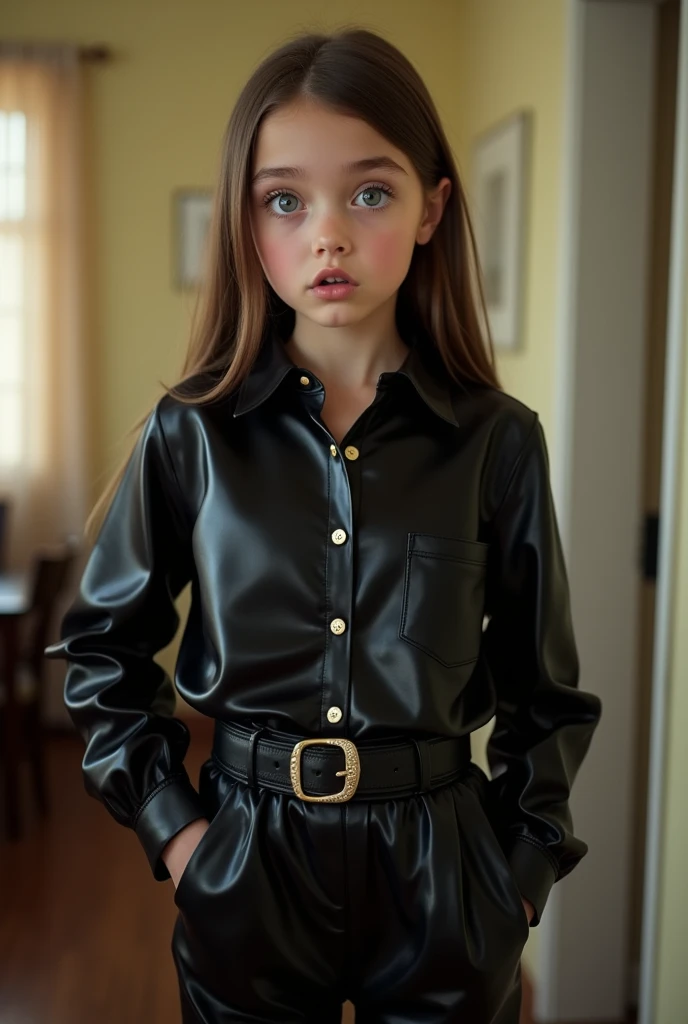  Very cute young girl  , beautiful  ,  blue eyes ,  medium seductive breast size , surprised expression, super realistic photo,  schoolgirl stands at full height, Head to knee view , Brown smooth hair ,  dressed in a shiny black button-down blouse with a long guide, latex shiny black pants with a belt , cracodile leather belt . In the principal's school office ,  The student teases the detector with her appearance .  