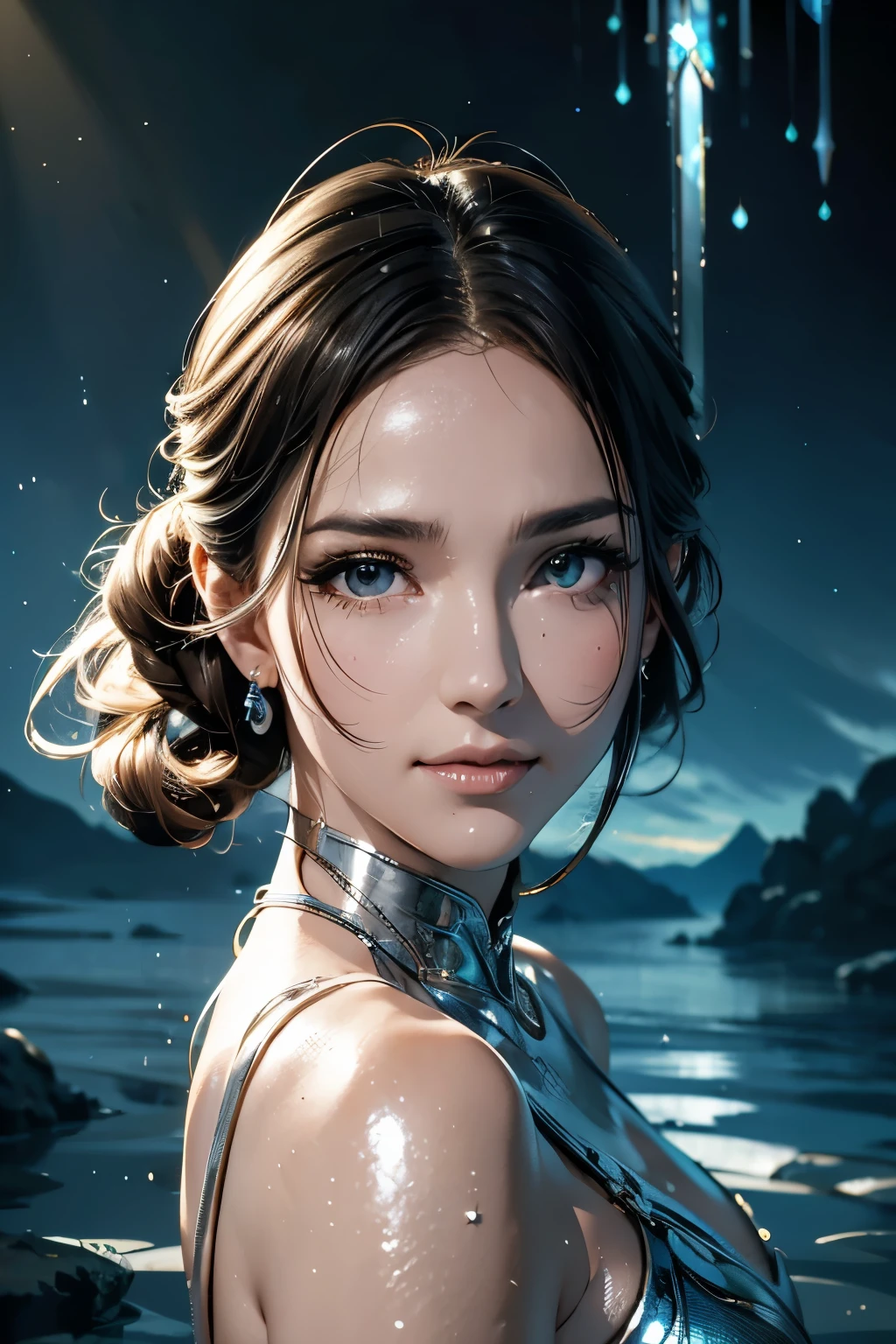 best quality, masterpiece, realistic, 1girl, goddess, messy [updo|hanging] hair, (full body:0.6), solo, (full body:0.6), looking down, detailed background, detailed face, Sc3pt4, sci-fi theme:1.1), mercury-wizard, melancholic, surrounded by waves of iridescent silver, alchemical imagery, reflections, silver-colored fluid, metallic sheen, shiny, dynamic pose, fluid movement, floating particles, droplets of mercury, flowing metal, blending mercury, foreign planet in background, dripping mercury formations, volumetric lighting, cinematic atmosphere, sharp details, high detail skin, realistic skin texture, perfect eyes