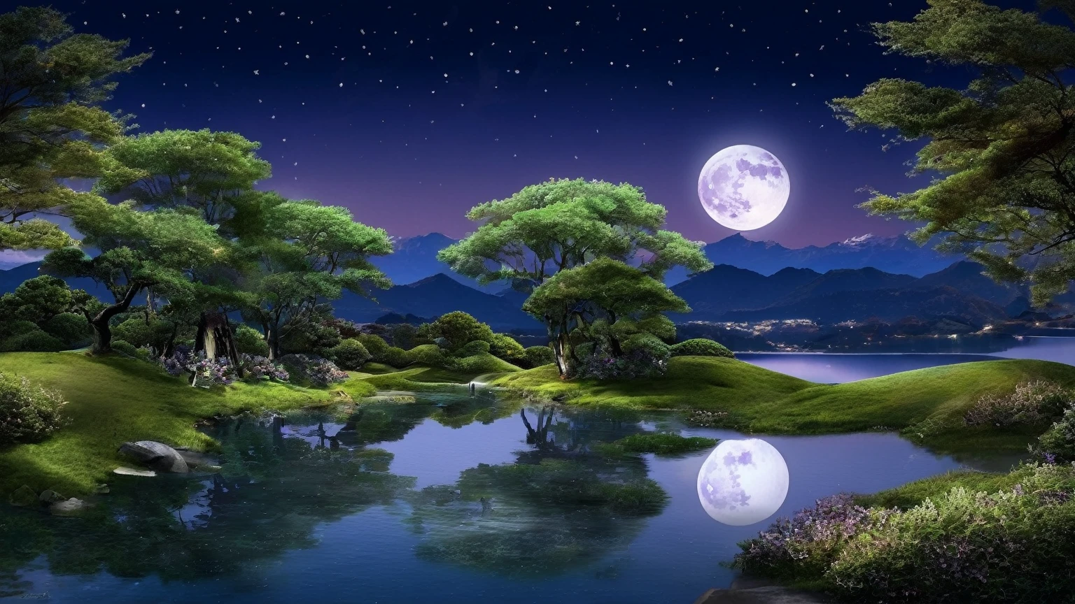  The spectacular view of the full moon night ， moon illuminates the sky , Creating a calm and mysterious atmosphere.  The moonlight casts a soft light on the surrounding landscape,  highlights the outline of the mountains in the distance ， The quiet lake reflects the moonlight .  The sky is dotted with twinkling stars ,  adds a touch of wonder to the picture . , the color is soft and ethereal ,  blue , silver, And a purple . 
