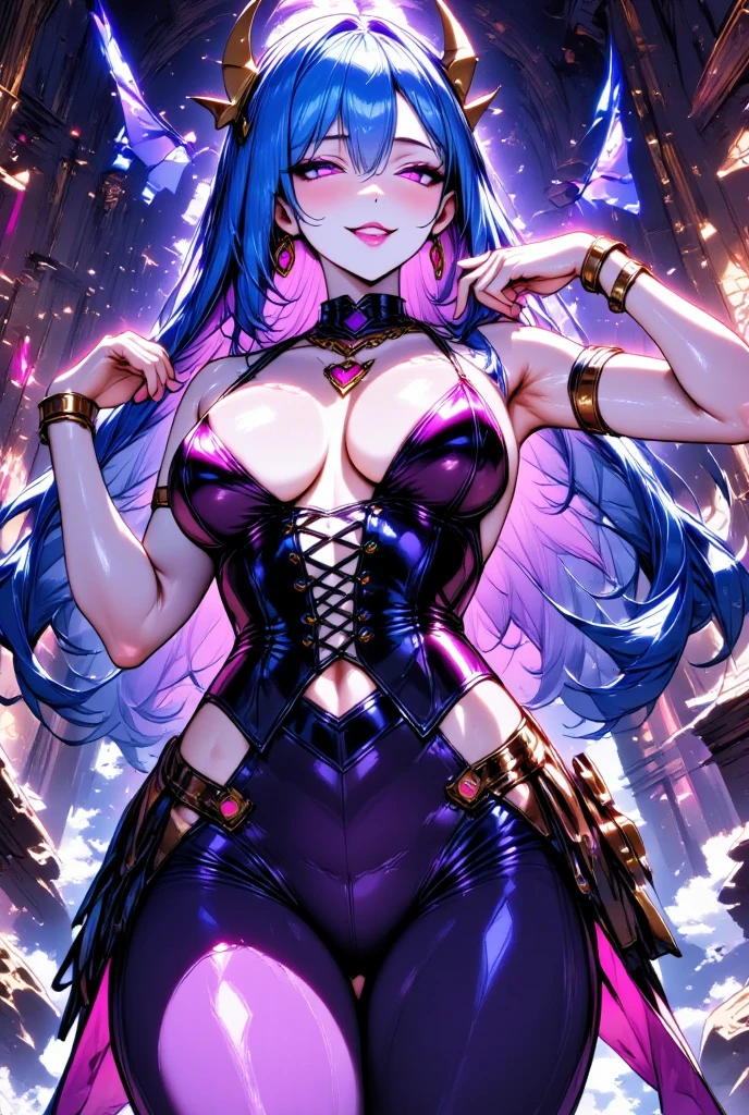  young beautiful woman,( best quality, Extremely Detailed Depiction ,  incredibly ridiculous high resolution,),( virtual idol),(holographic costume,tights,stage shoes),(Light blue long hair, Twin tails with braids ,Glowing pink eyes,half closed :1.3,Bewitching Smile,Beautiful legs, shiny skin,Dance Motion),Full body image:1.3,Inside electronic space , Virtual Space,An unreal world ,income,Headphones,background:unreal cyber space,Broken glass