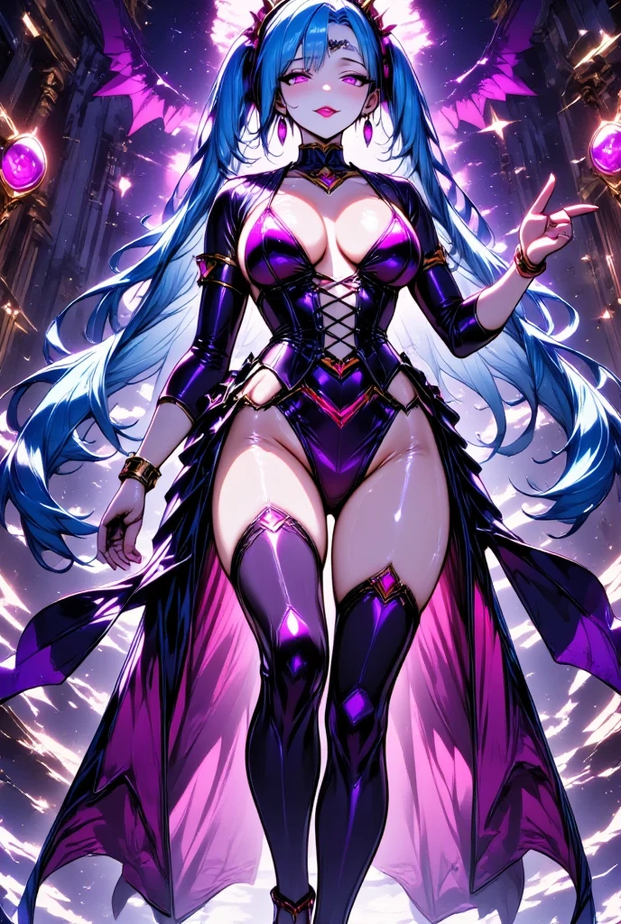  young beautiful woman,( best quality, Extremely Detailed Depiction ,  incredibly ridiculous high resolution,),( virtual idol),(holographic costume,tights,stage shoes),(Light blue long hair, Twin tails with braids ,Glowing pink eyes,half closed :1.3,Bewitching Smile,Beautiful legs, shiny skin,Dance Motion),Full body image:1.3,Inside electronic space , Virtual Space,An unreal world ,income,Headphones,background:unreal cyber space,Broken glass