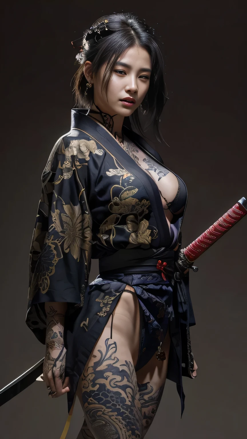 a close up of a woman with a sword and a tattoo on her body, very beautiful cyberpunk samurai, female samurai, katana, she is holding a katana sword, inspired by Kanō Hōgai, cyberpunk geisha, cyberpunk samurai, kimono, unsheathing her katana, samurai outfit, katanas strapped to her back, dragon-inspired cloth robes