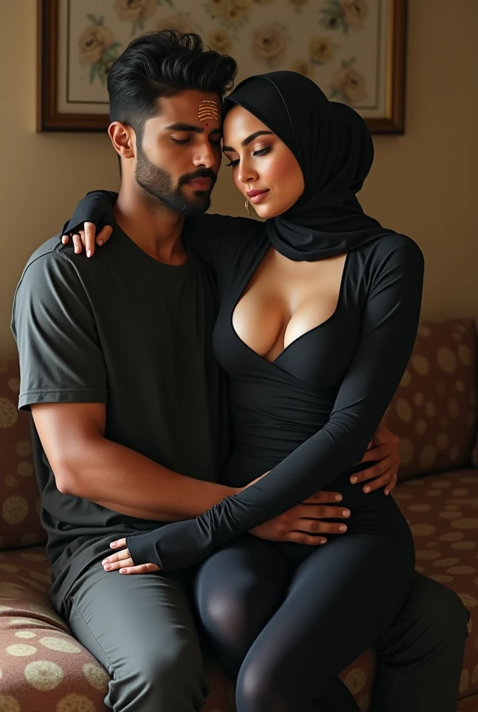 Sexy hijabi muslim maid with perfect body french kissing a young tall hindu man. Both are naked and horny.