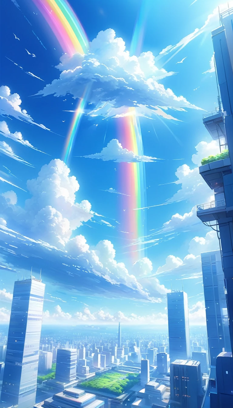    Scenery overlooking the city on a clear day  。 Blue sky and white clouds spreading  、 The city can be seen below  。  The sunlight is shining at an angle  、  Rainbow rays are floating in the air  。  There is a fantastic and mysterious atmosphere in the air {x} 、  Composition drawn as if floating in the air 。
