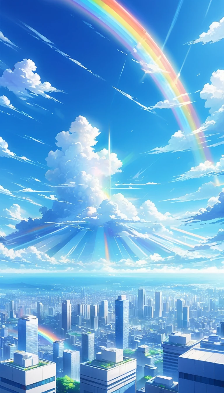    Scenery overlooking the city on a clear day  。 Blue sky and white clouds spreading  、 The city can be seen below  。  The sunlight is shining at an angle  、  Rainbow rays are floating in the air  。  There is a fantastic and mysterious atmosphere in the air {x} 、  Composition drawn as if floating in the air 。
