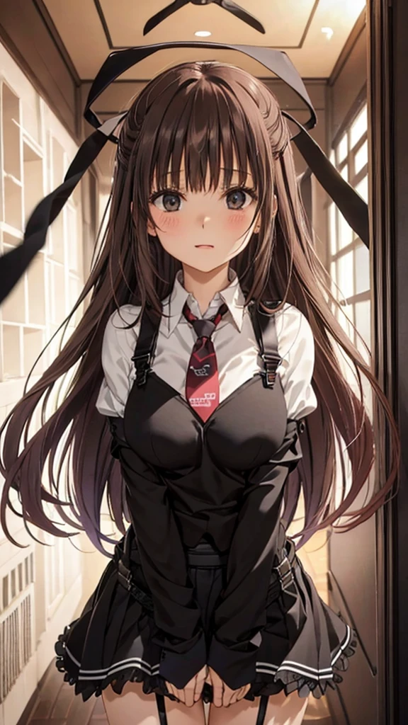 Brown hair、watching at viewers　　　black suspenders　　　Bulging big breasts　　 　 　　　walls: 　Black miniskirt　garters　　　　　　Gaze　　　Small face　bangss 　　　holster　　　Beautuful Women　　hands up　　レッグholster ベッドに横たわる　　Gaze 　black boots panty shot　provocation　flank　flank汗　soio 　arm
