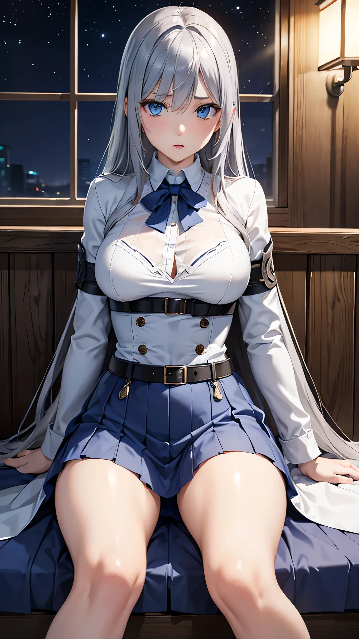  adult woman on the house, Alone,  sexy,8K resolution,((Best Quality)), ultra high resolution, ( grim expression), (Light blue eyes),  Beautiful Symmetrical Face , ( long silver hair ),coat,Light Armor ,skirt, Tactical Belts for Battle,Realistic:1.4,Realistic:1.4,(masterpiece:1.2), perfect eyes,Perfect Eyes, anatomically correct human body ,Perfect waist,Perfect thighs,(Open your mouth),Camp at night,Sit with your legs slightly open