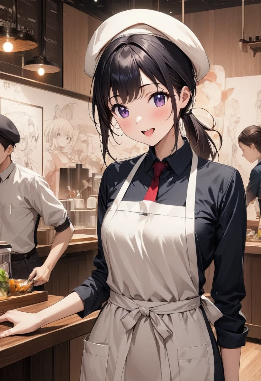 Beautiful girl 、Age 30、Best Quality、Ultra-precision、Detailed drawing、Restaurant staff、shirt、tie、apron、Beret、Sharpness、 ponytail、Vivid colors、upright posture、front、 looking at the camera、A very ecstatic expression、Slender figure、Accurate depiction、 CG illustration、
