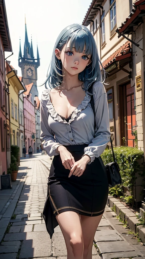 (Beyond the masterpiece, best quality, high resolution, incredibly absurdres, realistic depiction, ultra detailed artwork, perfect anatomy,anatomically correct, UHD, 4k, 8k,) solo, 29years old, walking at Prague, (realistic detailed portrait, face to knees), looking at views, detailed beautiful hazel eyes, big eyes, eyelashes, pastel pink cheek, BREAK \(beautiful blue hair, medium long hair, straight hair, thin hair, moving by breeze\), medium breasts, looking at viewer, BREAK \(wearing white shirt, frills, pencil skirt, cleavage\),  (detailed depictions of background, (beautiful ultra detailed townscape of Prague), (romantic nigh townscape, detailed Prague townscape), perfect)