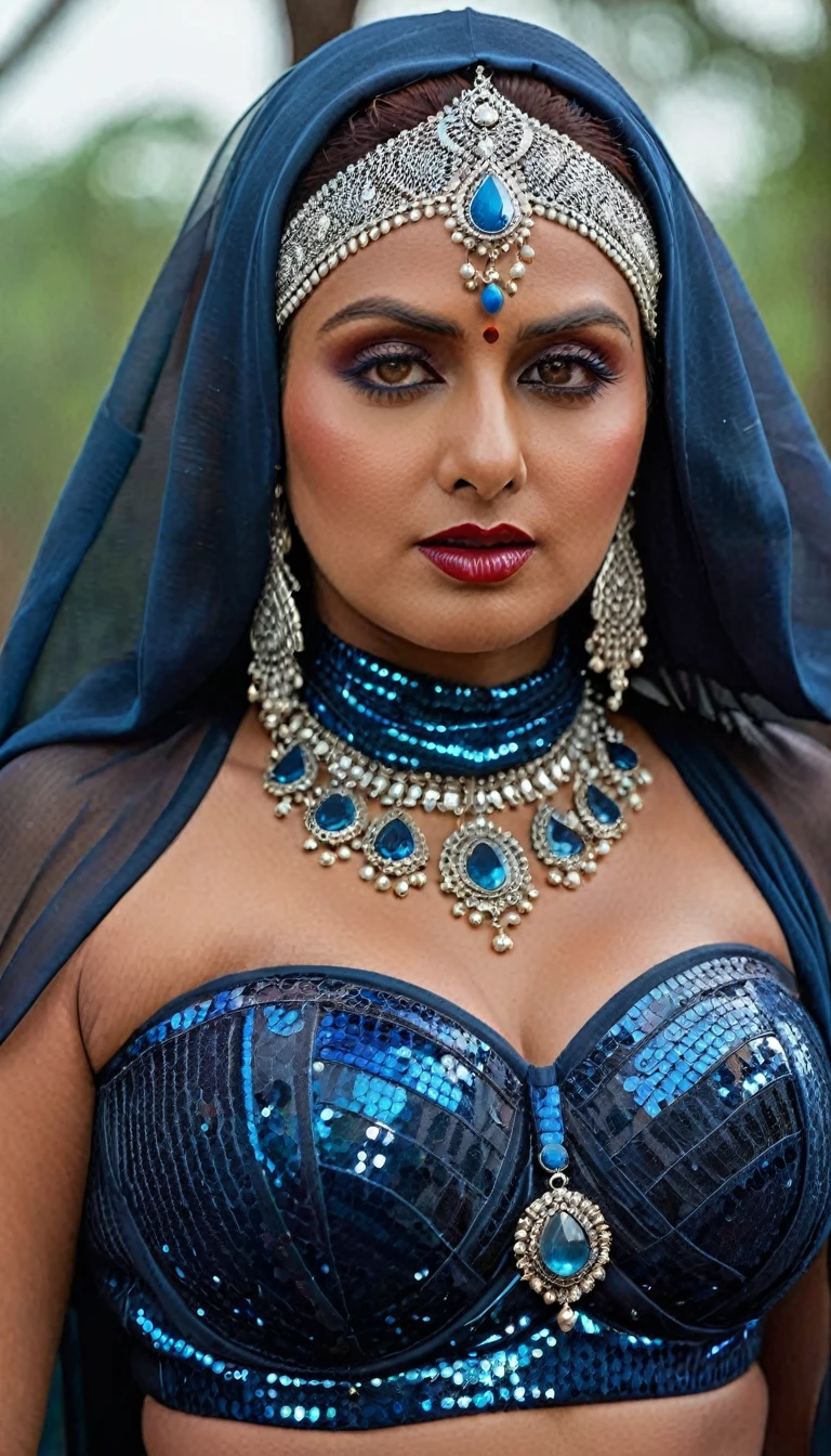 Looks like Huma Qureshi, full body, Big chubby aunty, milf, cougar lady witch, full body,horny Gothic milf,  40 years old gorgeous mature lady, pervert demoness, demoness of lust, curvy, black lips, horny face, extremely gorgeous, thick figure, heavy physique, voluptuous, curvy, sexy figure, Fashionable portrait of androgynous alien looking witch wearing veil, glowing eyes, futuristic design, minimal details, givenchy, photoreal, 200mm, hd, f/ 2.0, highly detailed, surreal, sexy beautiful evil woman, sexy bold sequin Saree with strapless Bra, chudail, Pishachini, horror genre, blood-thirsty enchantress, powerful female spirit, eerie, drop dead, in the style of red and blue, (intricate details, hyperdetailed:1.15) (skin texture:1.2), dark Moody tone, cinematic lighting, haunted place in background, hands above the head