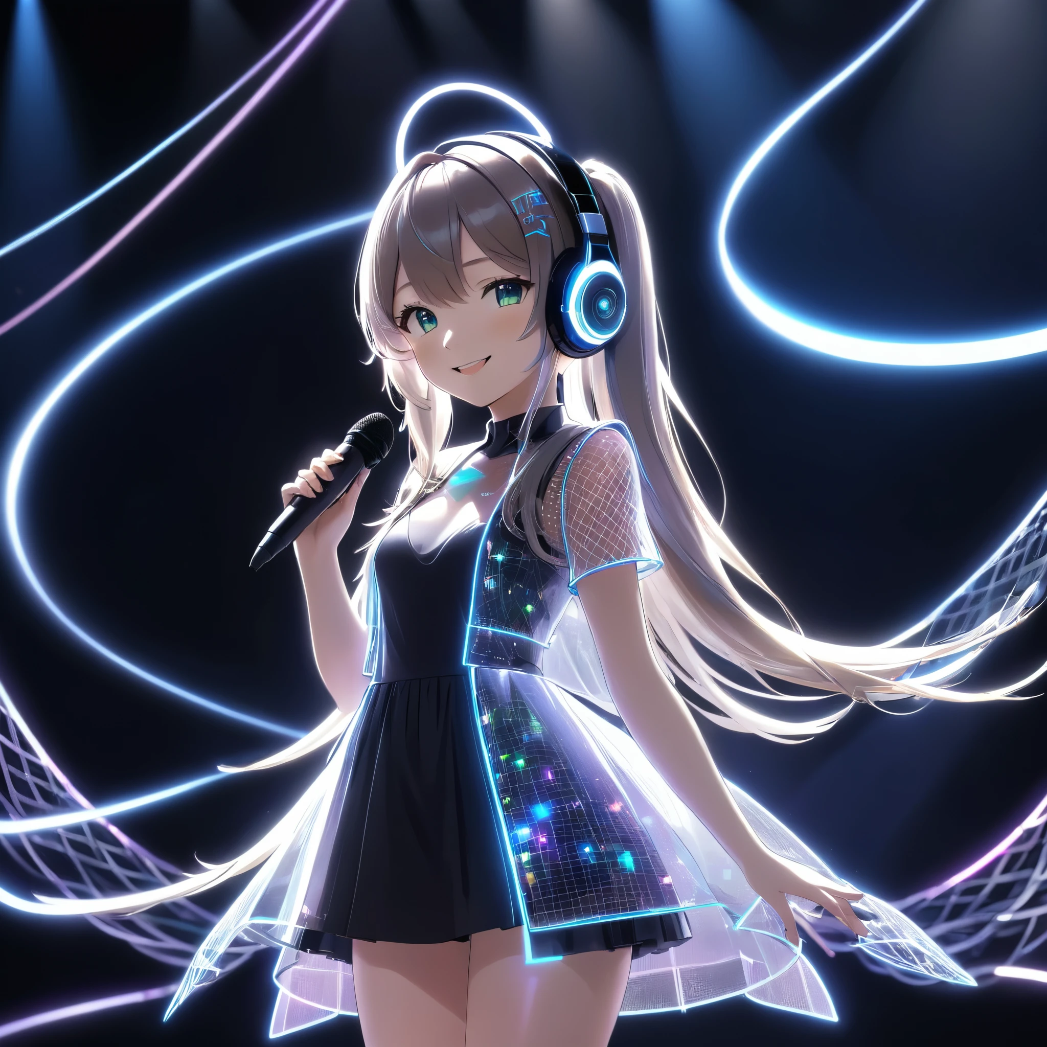 holographic virtual singer, headset, smile, light pen outline, glowing wiremesh, dark stage, anime, 8k, ultra detailed, masterpiece