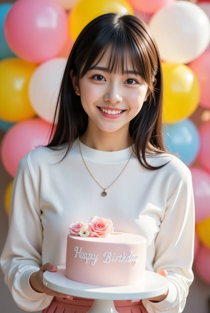 woman, Alone,  young girl,   happy expression ,  ,  upper body, (Long Hair,  Black Hair , bangs,  Brown Eyes :1.3), Beautiful breasts, White wool sweater,  pink miniskirt,  for birthdays {x} has a fancy cake, (The cake has a "happy birthday"It says:),  background with lots of balloons , 