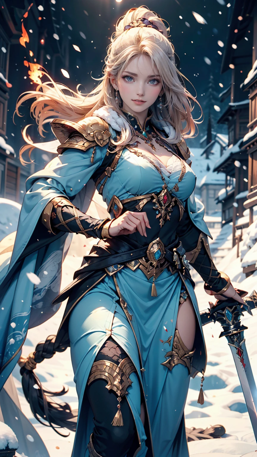 Draw the Sword of Snowy Mountain, Woman holding an ancient style cold ice flame sword, A sword blazing with blue flames in hand, A sword in white dancing in the snow, long hair fluttering, Beautiful woman holding a silver sword, Wearing jade jewelry, Her face is full of confident smiles, She&#39;s floating in the clouds like a fairy, Behind her is a mountain々There are layers of、Purple Hair、 purple eyes