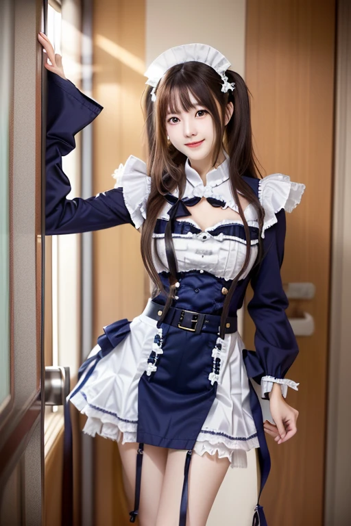 Photo-realistic quality、部屋に立つ黒と白の衣装で dressを着た日本人モデル, Maid衣装,  twin tails、  portrait of a radical Ta girl , Maid衣装の少女,  Data Style, Maid! dress,  ta fashion ,  looking at the camera、Detailed and beautiful eyes、Cute smile、 soft and gentle expression 