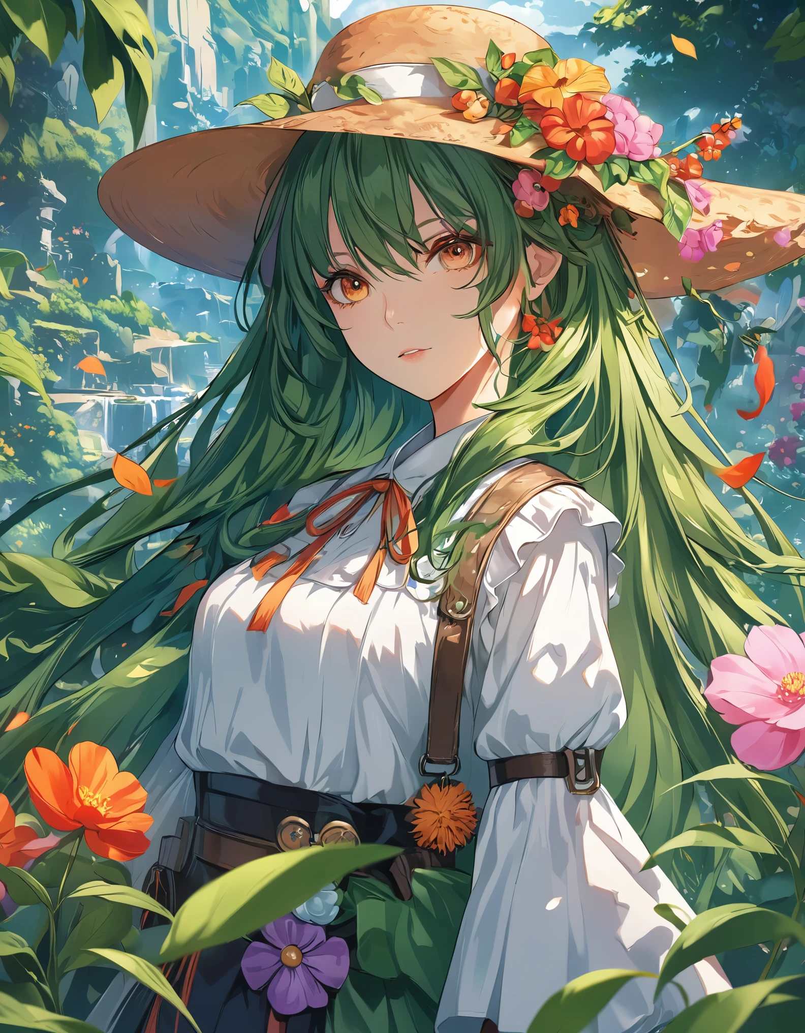 anime girl in a hat with flowers and leaves, anime style 4 k, anime art wallpaper 4k, detailed digital anime art, anime art wallpaper 4 k, detailed anime art, anime fantasy artwork, 4k anime wallpaper, anime wallpaper 4k, anime wallpaper 4 k, anime fantasy illustration, detailed anime artwork, detailed anime character art, anime art wallpaper 8 k