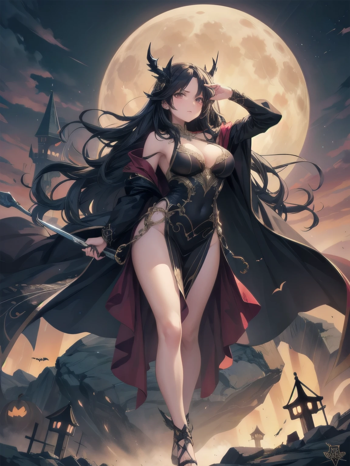 Masterpiece, highest quality, high resolution, solo, large breasts, thick thighs, red eyes, pale ivory skin, long hair, dark brown hair, vampire, gothic, night, stars, illuminating light, nature, at night, full body