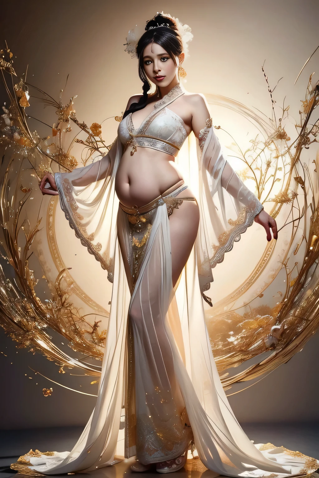 yoga style cross legged、ancient chinese phoenix costume、Luxurious hair ornaments、see -through、Big belly、Pregnant Woman、Wearing silk cloth、Beautiful dances、1 girl in、(full body Esbian:1.5)、独奏、Hanfu、flower  field、florals、(white:1.3)(realisitic:1.4)、Zen entanglement、mandalas、Entanglement、Official art、Unified 8K wallpapers、ultra-detailliert、Beautiful and beautiful、​masterpiece、top-quality、(dynamic ungle:1.4)、glistning skin、(Colorful flashes float:1)The most beautiful chaotic shapes、Elegant and cruel design、bright colour、romantic depth of field