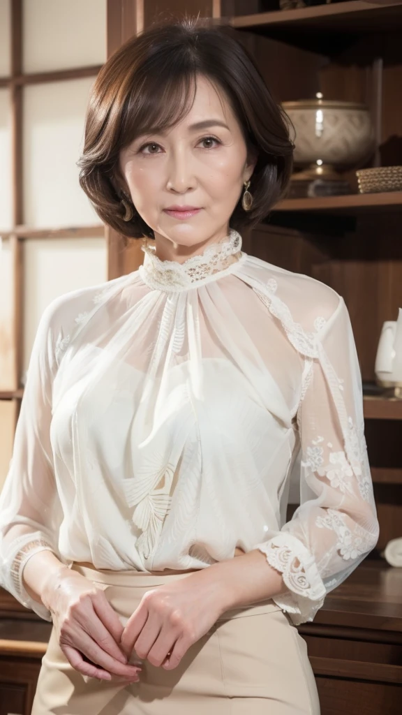 high definition, high definition, attention to detail, masterpiece, anatomically accurate, sharp, (( Japanese Mature)),(80 years old:1.5),(elder:1.4),((Facial wrinkles)), white skin, long light brown hair , bangs,(((stand up,))),View Photographers, staring straight ahead,(sheer pattern blouse:1.3),( tight skirt :1.1),Inside the warehouse,( serious look:1.3),Middle-aged obesity,(Long face:1.2),(Ordinary housewife:1.3), muddy :1.6