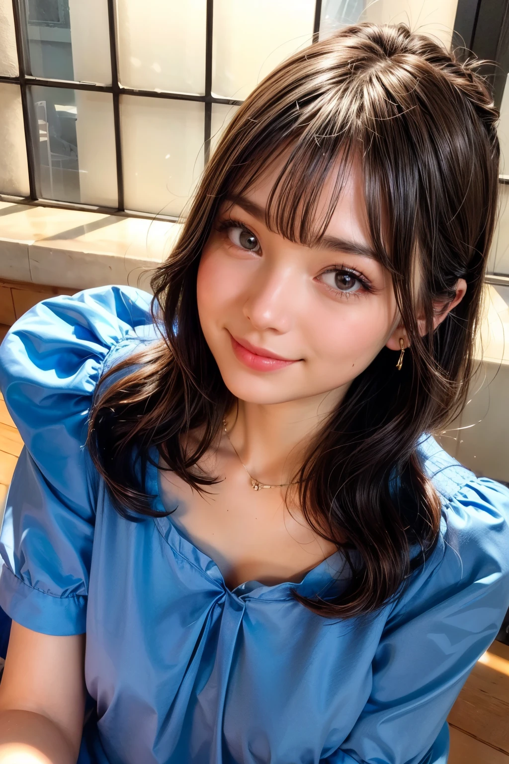 (top-quality、8k、32K、masuter piece、nffsw:1.2)、、profile、(slim figure:1.2)、(s lips) 、、Light blue blouse、Colossal 、double eyelid、shinny skin、Realistic rays、great、beauitful face、(A smile:1.3)、crouching down、(From  above:1.2)、(a closeup:1.4)、blurry backround、(Front Focus)、(dark: 1.6)、Fantasy Art、photoRealstic、Professional Lighting、extra detailed face、Award-winning、deep-shadows、