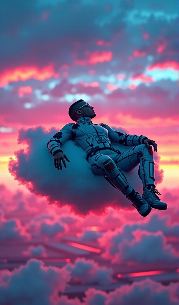 a man. 
Dressed in a futuristic outfit ,  robotics, exposed wires .
mirror effect .
 He is lying on a cloud in the sky.
 In the background a sparkling sunset , obfuscating, expressive, bioluminescentes, degrade. 
Cinematic effect.
neon effect, bioluminescent drops ,  bioluminescent spots .
 full body .
32k anime style, HDR, UHD, intricate detail, extremely intricate detail, hyperrealistic, extremely realistic, high quality, vivid color, extremely detailed.