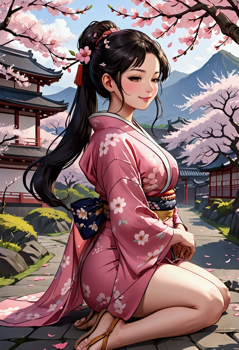 NSFW , f0m3, 1girl,body writing, BEAUTIFUL GIRLS、after school、evening、very thin kimono、see through kimono、 ponytail、Sandals、Edo Scenery 、spring、Cherry Tree々、 cherry blossom petals dancing 、Long Hair、Best Quality、、Thick thighs、Big Ass、 Black Hair 、smile、Japanese loincloth, pink loincloth、  Sleeping, closed eye,  lying, spread legs 、 angle from directly below、 1male, faceless male, cunnilingus