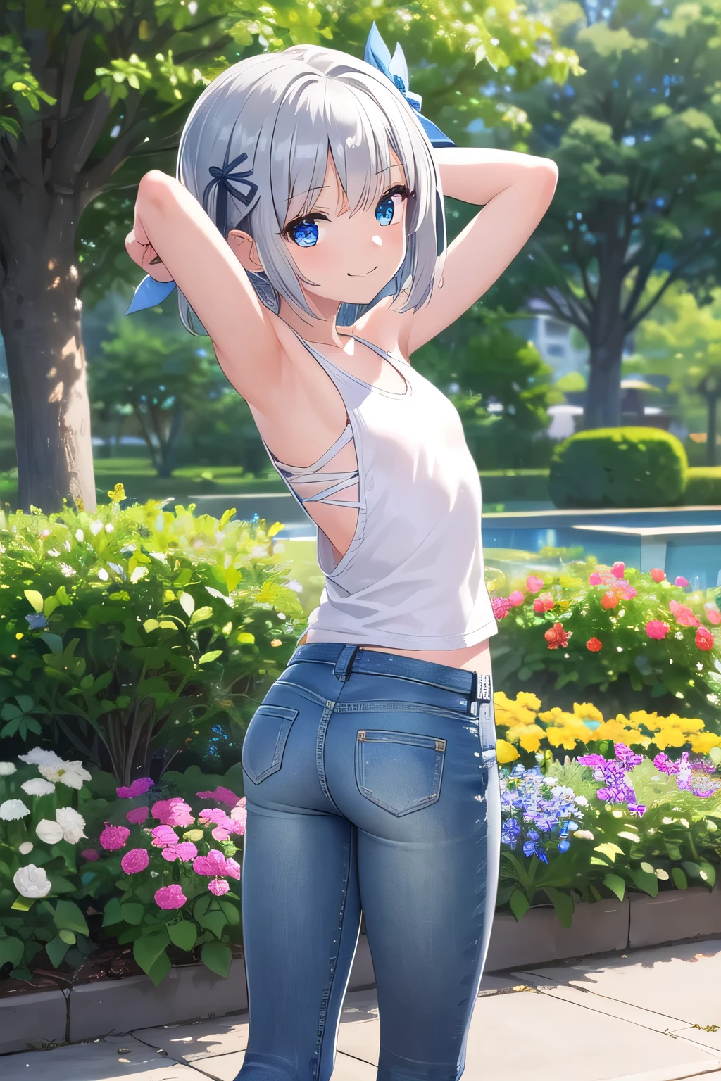 masterpiece,best quality,ultra detail,1girl, ****,petite,smile happy,flower garden,short hair, blue eyes, silver hair, hair ornament, ribbon hair ornament,Raise your arms and behind your head,White teeth, White tank tops, jeans,((showing off butt))