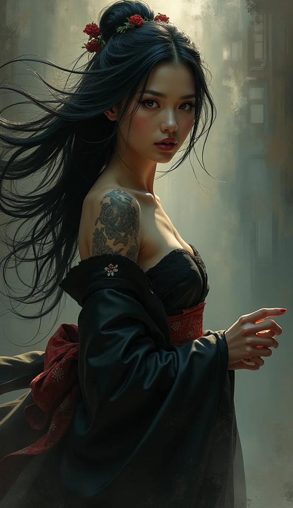 dark Fantasy ilustración; Sensual japanese  Geisha , pelo largo al viento, telas al viento, kimono al viento, with yakuza tattoos , dark lights shadows, fantasy by style El Greco Luis Royo 