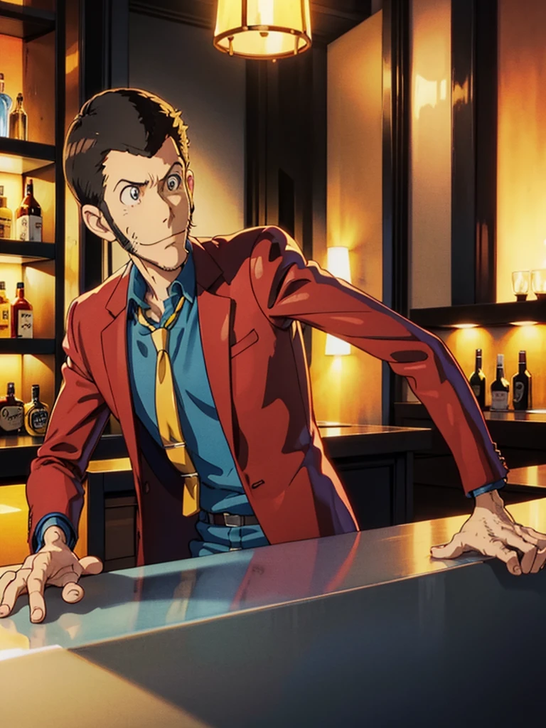 Lupin the Third,( red jacket, Blue Shirt, Yellow tie,  very short hair ), close-up, Toon Shader Rendering,  natural side lighting , ((A slightly dimly lit bar, Sit at the counter)), Close your mouth and laugh softly, With a glass in hand,  The correct number of fingers ,  cozy atmosphere , Clear Image,  Anime-Style Illustrations , ((masterpiece, Best Quality,  high definition))