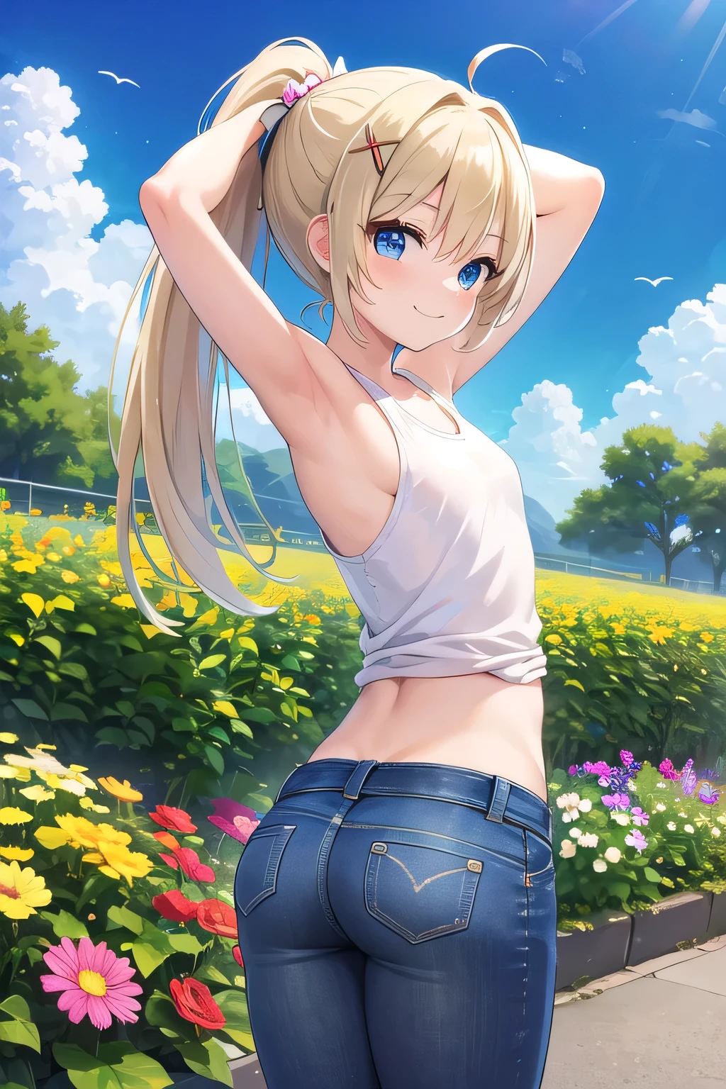 masterpiece,best quality,ultra detail,1girl, ,petismile happy,flower garden,sunshine,cloud,ponytail hair, blue eyes, blonde hair, hair ornament, x hair ornament,Raise your arms and behind your head,White teeth, white tank tops,jeans, ((showing off butt))