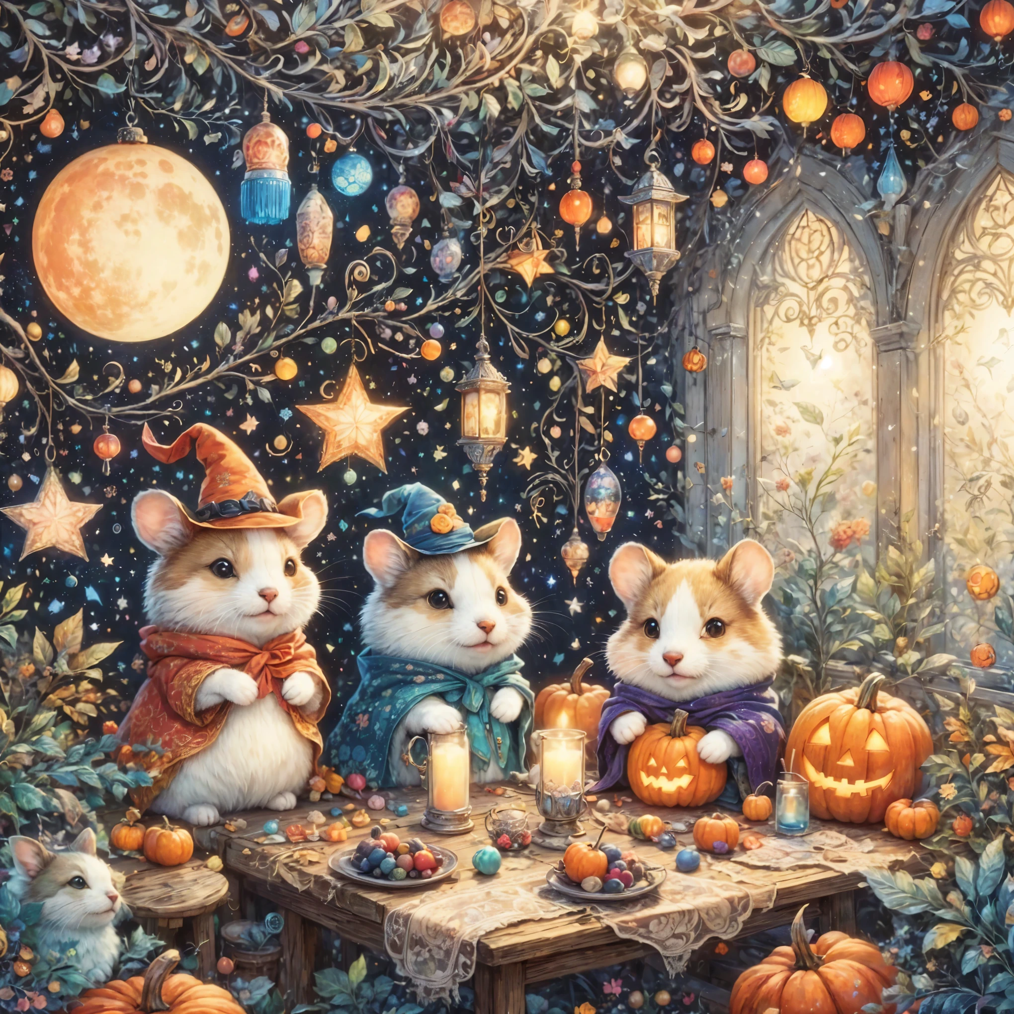 handicraft artwork,patchwork,cloth,button,felt fabric,Embroidery thread,Handicrafts with a warm and gentle atmosphere,(Halloween:カボチャ,おばけのシルエット,コウモリ,ハムスター),A dream-like sight,rustic colors,intricate details,artwork,Three-dimensional