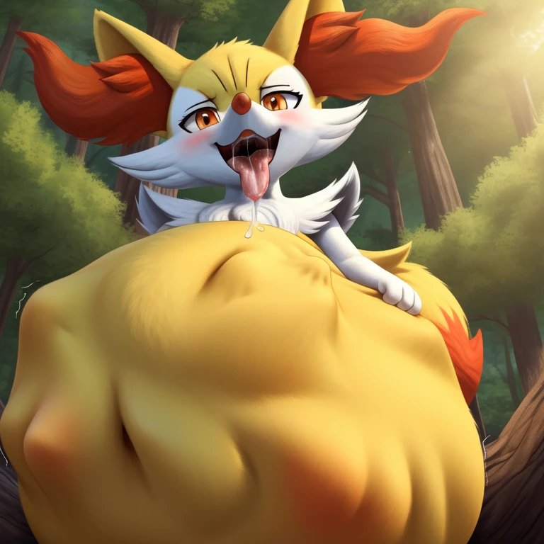 masterpiece, best quality:1.2), ((feral Braixen )), (feral Braixen swallow a Fennekin), Whole body, nsfw, show off, close up, bulging belly, squirming belly, vore, belching,, squirming belly, vore, belching, bulging belly, (vore:1.3), (hyper belly),  protuberance of a face on the belly, scream of help, vore belly, big belly, high quality, male vore, vore, big belly,high quality, high resolution, (excessive saliva:1.5), 4K, detailed fur, very fluffy, impasto impressionism, soft , anatomically correct, vibrant colors, full color, (highly detailed:1.2), belly effects, vore, belly bulges, gripping belly,  gripping belly, black belly, loud belly, ((devour a macro Fennekin into belly)), forest, (by IncredibleEdibleCalico),