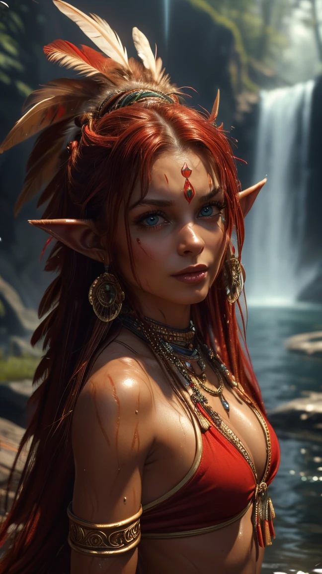 (((ultra realistic))), ((ultra-detailed face and eyes: 1.3)) ,(native girl), with very long thick hair, (feathers in hair), ((few clothes)) , ((indigenous clothing)) ,  Slim waist, (wet skin and clothes) , Near the waterfall, rain, mysterious atmosphere (sunlight, day), contrasting, ((ultra-detailed)), ((Skin detailing)), (scene from a movie about ancient people), (in detail) solo, 1girl, ((best quality)), ((masterpiece)), (detailed), 4k, very small goblin girl, bright red skin, pointy ears, fire hair, bright red eyes, on fire, wearing very ornate red bikini, sexy poke, seductive, horny, smoldering, looking at viewer, sexy smile