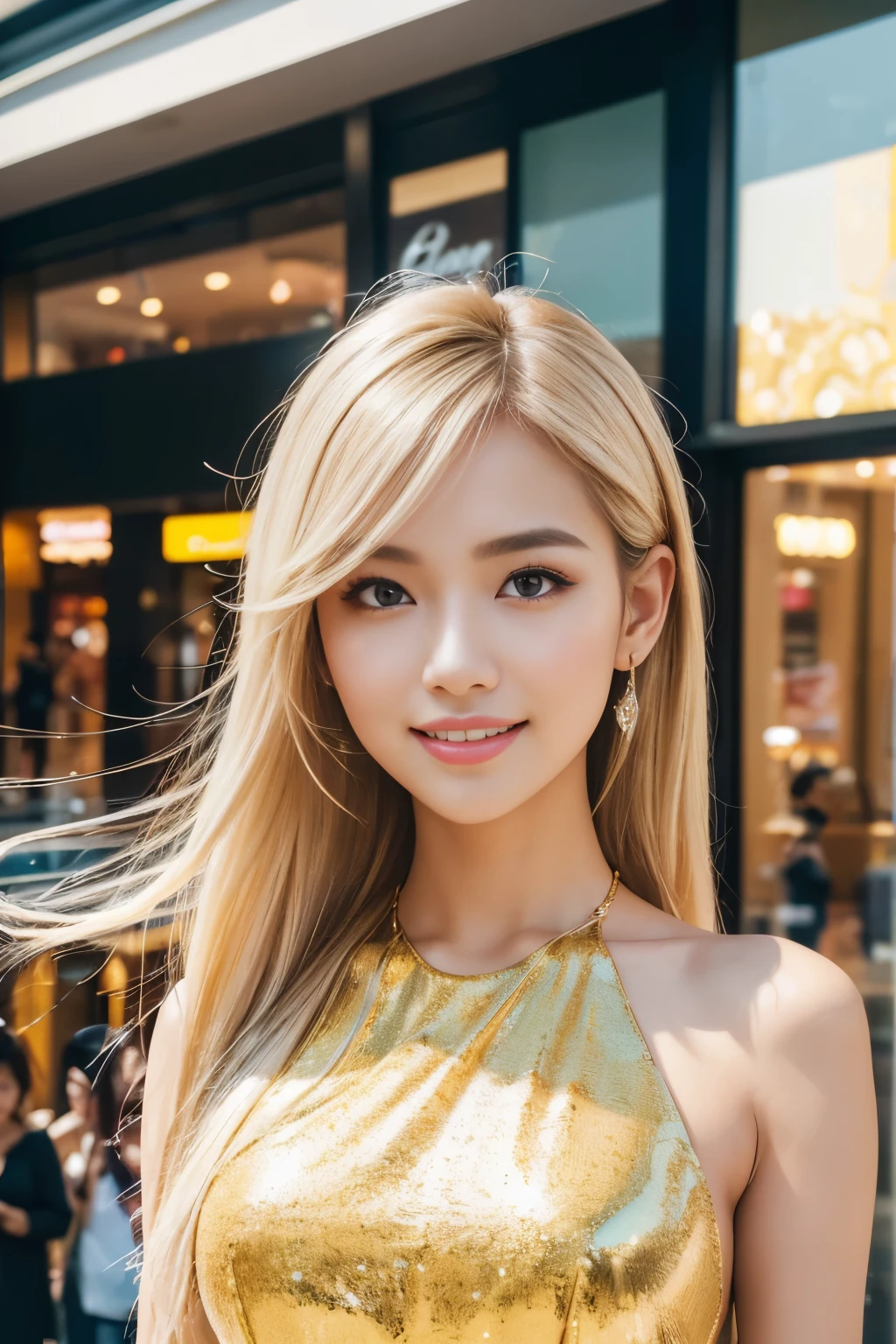 (best quality, 4k ,8k, highres, masterpiece:1.2), ultra-detailed, (realistic, photorealistic, photo-realistic:1.37), closeup, beautiful Thai woman, (slim girl), (happy smile), long lashes, beautiful makeup, platinum blonde hair, fair skin, slendegure, elegant posture, wearing large sparkling colorful jewelery, wearing a business style leather dress, standing in a large shopping mall, gentle sunlight shining through the shopping mall windows, casting a soft glow on her face, adding warmth to the scene, vibrant colors, capturing the essence of vibrant city life, portrait style, showcasing her natural beauty and grace in a feminine way