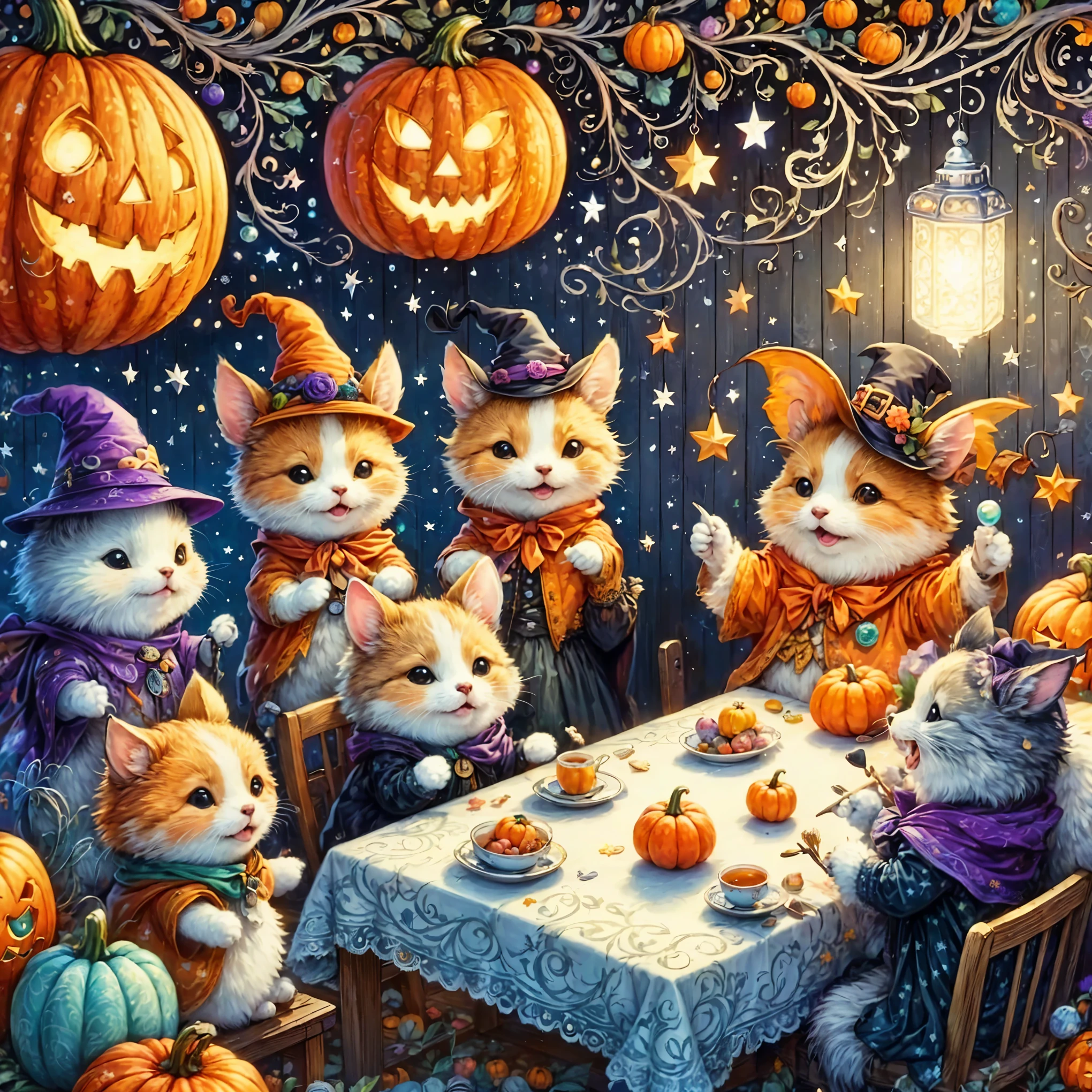 Fixes,handicraft artwork,patchwork,cloth,button,Felt fabric,Embroidery thread,Handicrafts with a warm and gentle atmosphere,(Halloween: pumpkin,ghost silhouette,Bats,hamster),A dream-like sight,rustic colors,intricate details,artwork,Three-dimensional