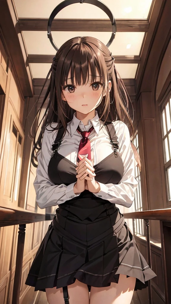 Brown hair、watching at viewers　　　black suspenders　　　Bulging big breasts　　 　 　　　walls: 　Black miniskirt　garters　　　　　　Gaze　　　Small face　bangss 　　　holster　　　Beautuful Women　　hands up　　レッグholster ベッドに横たわる　　Gaze 　black boots panty shot　provocation　flank　flank汗　soio 　arm
