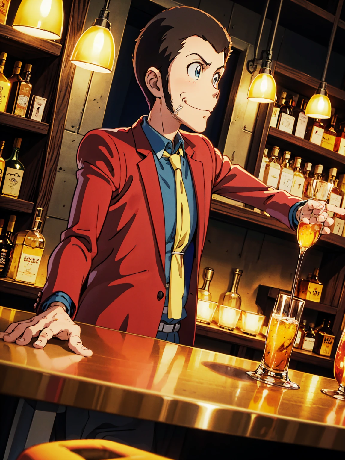 Lupin the Third,( red jacket, Blue Shirt, Yellow tie,  very short hair ), close-up, Toon Shader Rendering,  natural side lighting , ((A slightly dimly lit bar, Sit at the counter)), Close your mouth and laugh softly, With a glass in hand,Walther P38,  The correct number of fingers ,  cozy atmosphere , Clear Image,  Anime-Style Illustrations , ((masterpiece, Best Quality,  high definition))