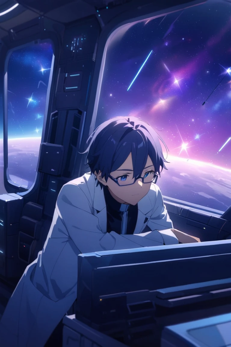 Create an anime-style scene featuring a handsome male scientist with short, neatly styled hair and wearing stylish, thin-rimmed eyeglasses. He has a thoughtful, intelligent expression, and a calm, focused gaze as he looks out of a large spaceship window, mesmerized by the vast view of galaxies and star clusters outside. He’s dressed in a sleek, futuristic lab coat with subtle high-tech details, such as metallic accents or glowing lines, giving him a modern scientist look. His hands are gently resting on the window frame as he leans forward slightly, captivated by the breathtaking cosmic view. The scene outside the window reveals vibrant galaxies in hues of purple, blue, and pink, with stars and nebulae scattered across the dark expanse. Inside the spaceship, soft ambient lighting highlights his face and adds a serene, almost ethereal atmosphere to the scene. The style should reflect a blend of sci-fi and elegance, capturing the wonder and beauty of space exploration. 