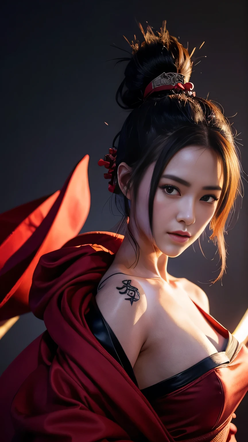 a close up of a woman with a sword and a tattoo on her body, very beautiful cyberpunk samurai, female samurai, katana, she is holding a katana sword, inspired by Kanō Hōgai, cyberpunk geisha, cyberpunk samurai, kimono, unsheathing her katana, samurai outfit, katanas strapped to her back, dragon-inspired cloth robes