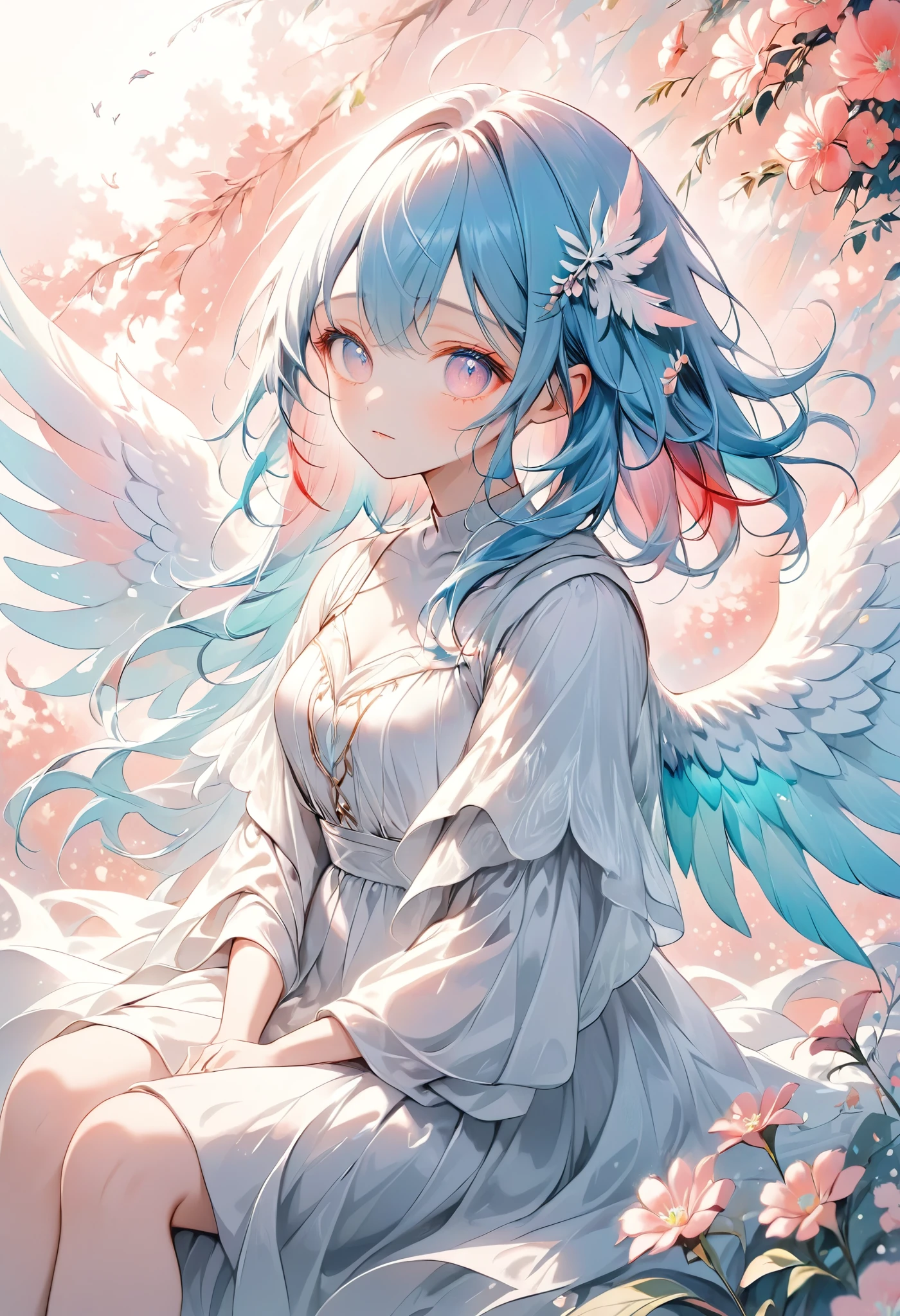 beautiful girl with angelic wings, pastel,sitting gracefully in mid-air, surrounded by delicate pastel-colored flowers and leaves, holding a red feather close to her chest, serene and peaceful expression, flowing aqua-blue hair that merges with her large, feathery wings, wearing a modern yet ethereal outfit with soft blacks and whites, dreamy background with gradient pastel hues, sparkles around her wings and the red feather, soft and calming atmosphere, magical and elegant vibe