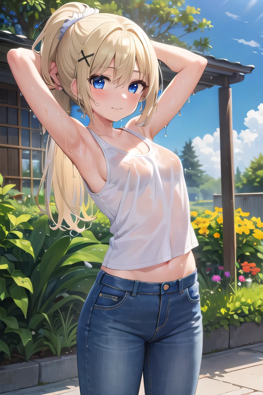 masterpiece,best quality,ultra detail,1girl, ****,petite,smile happy,flower garden,sunshine,cloud,ponytail hair, blue eyes, blonde hair, hair ornament, x hair ornament,Raise your arms and behind your head,White teeth, white tank tops,jeans, jeans, jean pants, Drenched in sweat, wet cloths, wetting self, (wet clothes:1.7), Wearing sweat, Sweaty,